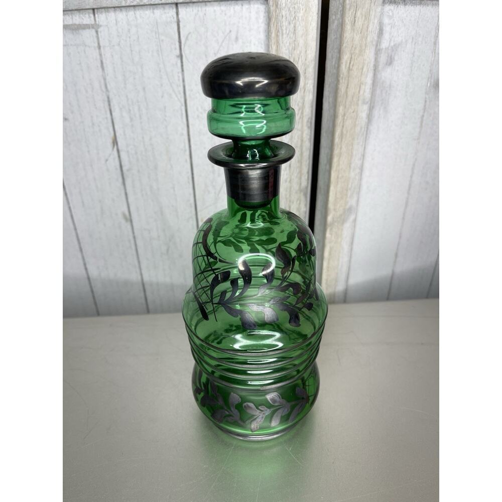Vintage Hand Painted Bohemian Emerald Green Glass Decanter & Stopper